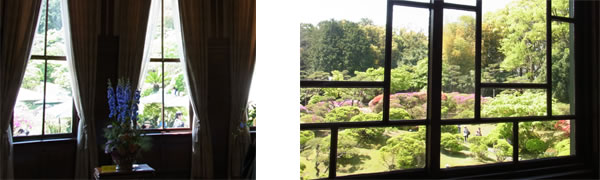 西日本工業倶楽部の庭園を２階の窓から眺める